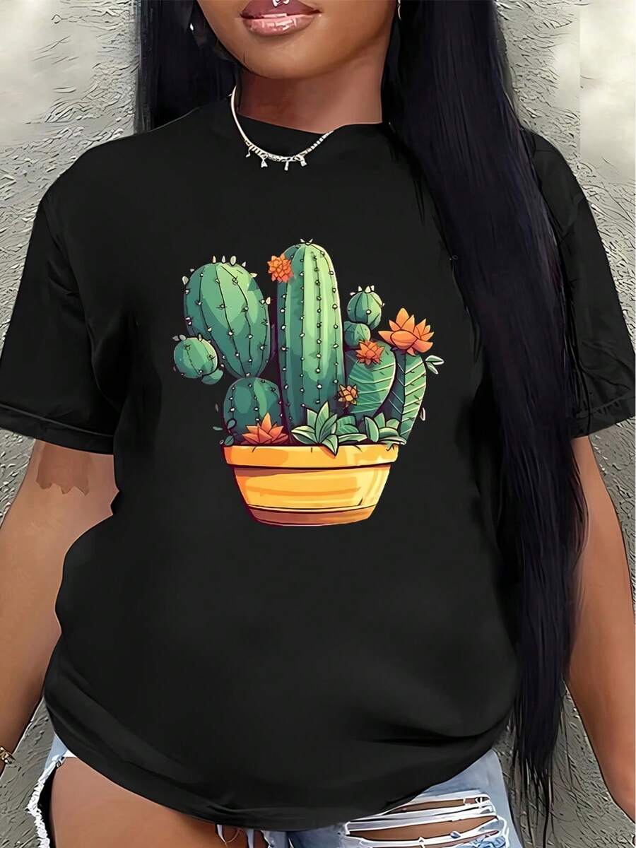 This Short-Sleeved Polyester T-Shirt, Decorated With A Cactus Print, Is Lightweight And Durable, Suitable For Home, Office, Or Casual Outdoor Wear. The Vibrant Plant Pattern In A Yellow Pot Adds A Comfortable And Stylish Touch To Everyday Outfits. - 黑色 - 查看 1