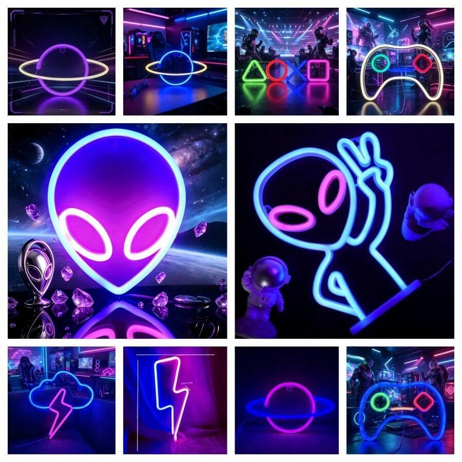 1pc Creative Geometric Gamepad & Alien Planet Neon Sign Decor, LED Neon Art Decoration Suitable For Gaming Room, Bar, Computer Room, Shop, Multifunctional Wall Hanging Decor With Switch Control, USB Powered, Plastic Material, Great For Bedroom, Gaming Area, Birthday Gift