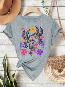 Short-Sleeved T-Shirt With Round Neck, Mexican Style, Bohemian Style, Folk Art Three Birds Floral Print,  Retro Style, Casual Sports And Fitness Clothing For Women, Suitable For All Seasons - Basic And Versatile. - 黑色 - 查看 11