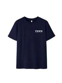 Women's Summer Short-Sleeved T-Shirt With YHWH Letter And Landscape Print, Loose And Versatile Fit, Round Neck, In Beige, Suitable For Everyday Wear And Holidays - 深藍色 - 查看 3