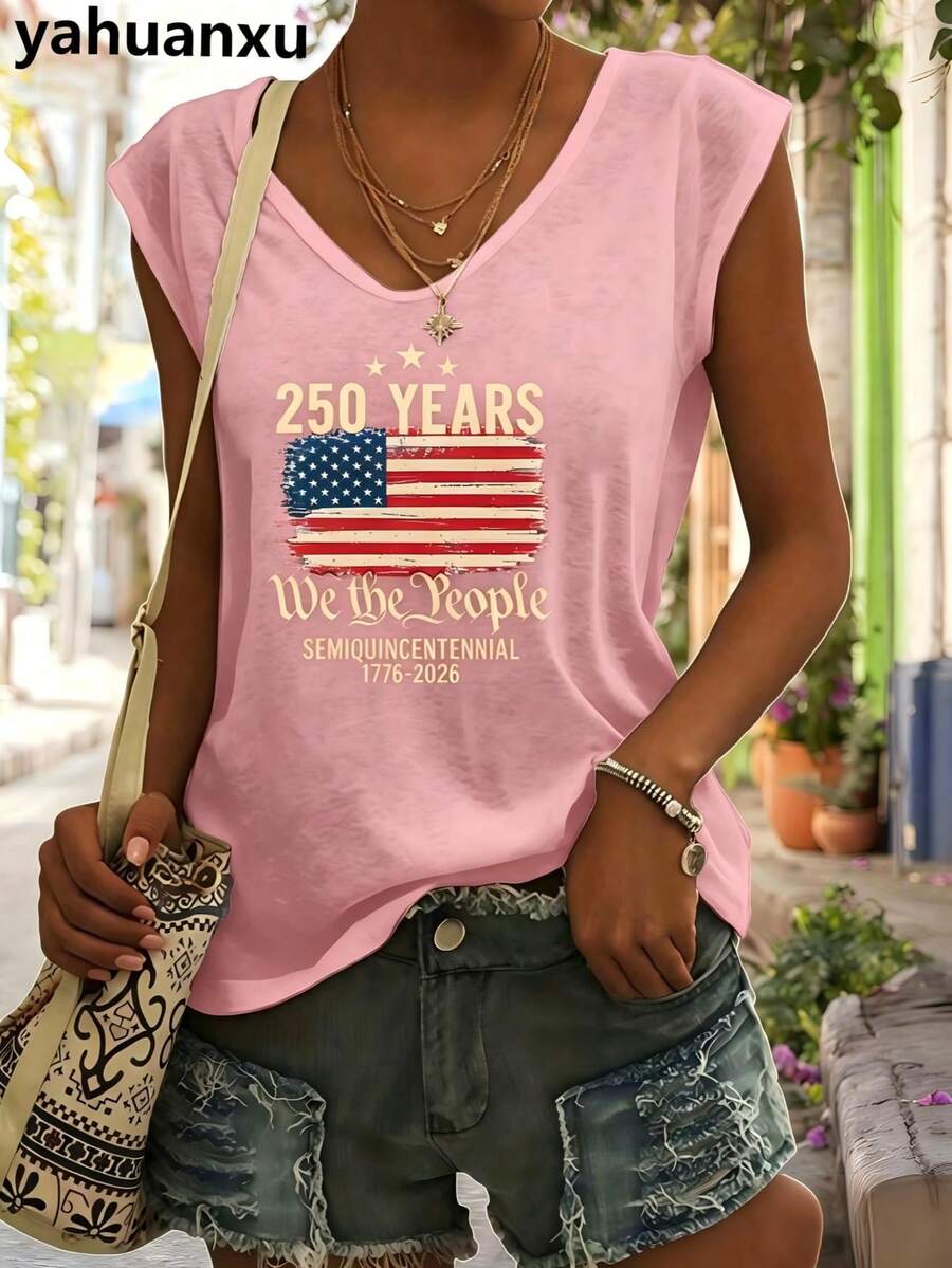 4th Of July Outfit WomenUSA 250th AnniversaryCommemorative Print Women's InspiredT-Shirt Short RoundNeckTopWhite LightweightY2K Short Sleeve Round Nec - 玫紅色 - 查看 1
