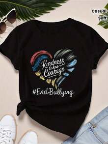 1 camiseta de mujer anti-acoso con el mensaje "La bondad requiere coraje" - Camiseta casual 100% suave con mensaje anti-acoso, cuello redondo y manga corta, adecuada para primavera y verano y para uso diario, ropa que transmite mensajes positivos, 100% algodón de 180g. - Negro - Ver 2