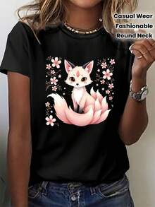 Camiseta Casual a la Moda con Estampado para Mujer, Cuello Redondo, con Diseño de Zorro de Dibujos Animados y Flores, Camiseta de Algodón para Familia Coordinada - Negro - Ver 3