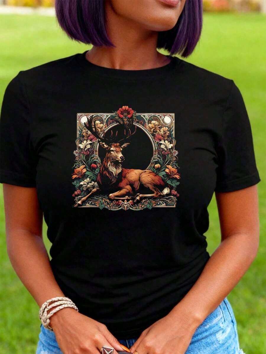 LooseCamiseta de Estética Cottagecore Linda con Ciervo y Flores para Amantes de los Ciervos, Camiseta de Ejercicio al Aire Libre para Mujeres, Camisetas Gráficas, Tops Cortos, Conjuntos, Top - Negro - Ver 1