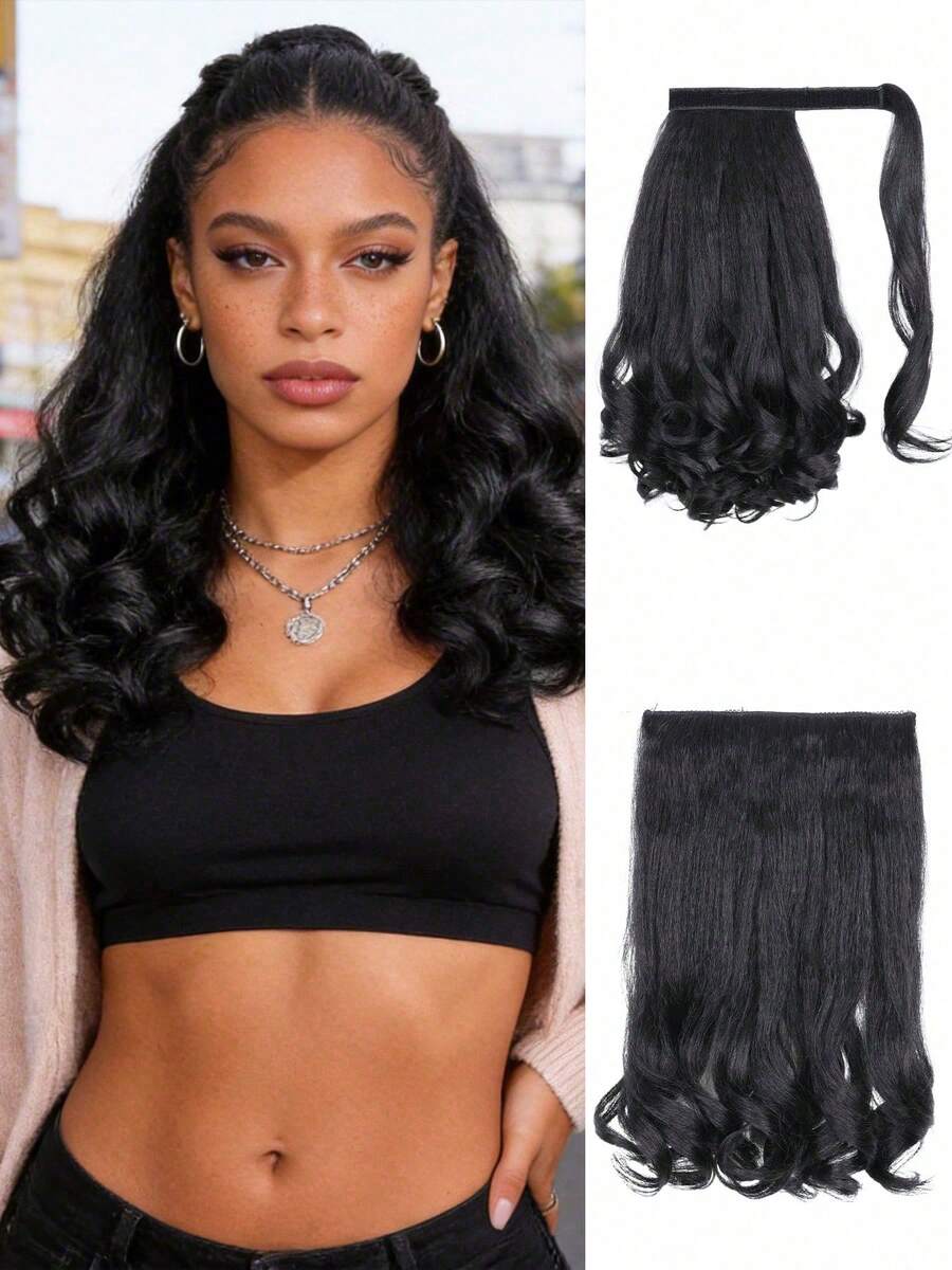 Set de 2 coleteros para moño medio, extensiones de cola de caballo 2 en 1 rizada y recta, piezas de cabello rizado y liso de 16 pulgadas para mujeres