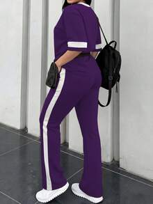 女款新款圓領短袖T恤與鬆緊腰寬鬆長褲兩件套，休閒日常穿著，春夏秋優雅風 - 紫色66+白 - 查看 9