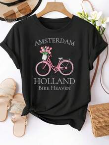 Una camiseta de mujer de manga corta, holgada, moderna, retro y elegante, adecuada para actividades al aire libre en primavera y verano.Camiseta casual de manga corta para mujer - Ámsterdam, Países Bajos, con estampado de tulipanes y bicicletas.Hecha de tela suave y elástica, lavable a máquina para comodidad en todas las estaciones, perfecta para el uso diario.blusas para mujer,blusas casuales para dama,tops,, mujer premium,y2k,playeras de mujer curvy,ofertas y liquidaciones ropa mujer,playeras deportivas para mujer,,playeras de hombre, mujer,blusas>elegante JMYE - Negro - Ver 1