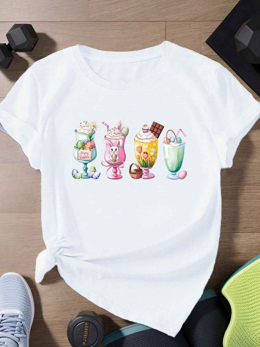 Camiseta con Estampado de Bebida de Pascua en Acuarela, Ambiente Festivo, Versátil, Casual, Cuello Redondo, Manga Corta - Blanco - Ver 1