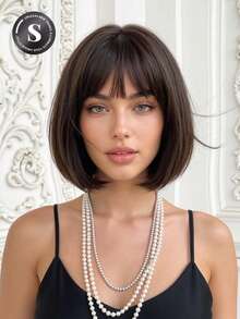 10 Inch Short Wavy Bob Wig With Bangs, Black Brown Color, Women's Straight Synthetic Fiber Wig, Heat Resistant For Daily, Office, Party, Halloween, Christmas, Thanksgiving, Wedding, Dance, Date, Birthday, Vacation. High-Quality Synthetic Fiber, Realistic Hair Texture, Natural And Comfortable, Suitable For Bangs And Short Bob Style. - Brown - View 1