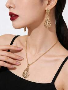 Bộ trang sức tối giản 2 món dành cho nữ, gồm dây chuyền và bông tai, được chạm khắc rỗng tinh tế và thanh lịch, bộ trang sức cưới cô dâu, phụ kiện trang phục lễ hội Ramadan cho nữ. - Vàng - Xem 1