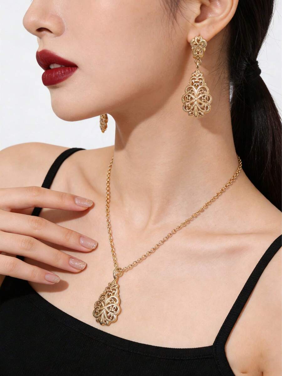 Bộ trang sức tối giản 2 món dành cho nữ, gồm dây chuyền và bông tai, được chạm khắc rỗng tinh tế và thanh lịch, bộ trang sức cưới cô dâu, phụ kiện trang phục lễ hội Ramadan cho nữ. - Vàng - Xem 1