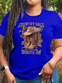 Women's Plus Size "Country Gals" Blue Graphic T-Shirt - Casual, Oversized, Short Sleeve, Polyester, Crew Neck, All-Season T-Shirt With Cowboy Hat And Boots Design, Casual Wear | Graphic Print T-Shirt | Knitwear, PLUS SIZE - 藍色 - 查看 7