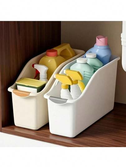 1pc PP Plastic Curved Storage Box (White/Cream) - Space-Saving Cabinet Organizer, Multipurpose Storage Container, Large Capacity, Durable, Suitable For Under Sink, Pantry And Kitchen Gaps | Drawer-Style Design With Divider, Can Be Used To Store Cleaning Supplies, Snacks And Household Items
