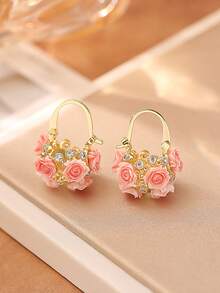 1 Đôi bông tai thiết kế giỏ hoa hồng, kiểu dáng độc đáo, thời trang và thanh lịch, mang tính thẩm mỹ cao cấp dành cho nữ. - Hồng - Xem 3