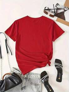 New Women's Summer Casual T-Shirt, Round Neck, Wavy Letter Print, Simple And Elegant, Gift For Mom, Comfortable. A Versatile Choice For Daily Travel - Unisex Short Sleeve Round Neck Loose Cotton T-Shirt, Urban Vintage Style - 紅色 - 查看 2