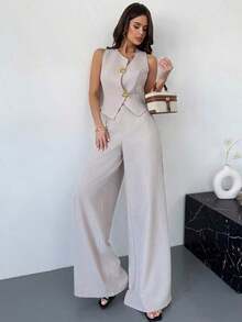 Set de 2 piezas de primavera para mujer: top asimétrico con hebilla de metal de sensación de lino caqui y pantalones anchos de cintura alta adelgazantes, elegante ropa de oficina - Caqui - Ver 2