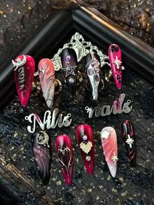 10片手工全覆蓋尖頭假指甲，亮粉色，3D水鑽愛心裝飾，Y2K暗黑甜酷風，4種尺寸可選，適合派對、日常穿戴與Cosplay，附果凍膠與指甲锉，手工穿戴式假指甲 - 玫紅色 - 查看 2