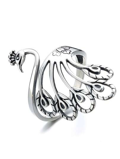 1 pieza Anillo abierto de plata de ley 925 con diseño de pavo real, anillo ajustable vintage con pluma de pavo real oxidada, joyería hipoalergénica para mujeres