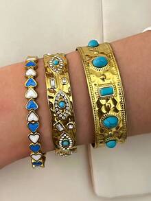 1/3 Peças Conjunto de Pulseiras Vintage de Luxo com Incrustação de Zircônia Falsa de Turquesa, Minimalista Versátil para Uso Casual, Presente para Ela - Multicolorido - Visão 1