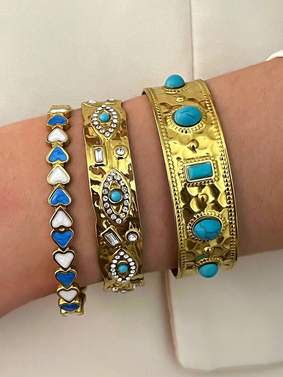 1/3 Peças Conjunto de Pulseiras Vintage de Luxo com Incrustação de Zircônia Falsa de Turquesa, Minimalista Versátil para Uso Casual, Presente para Ela - Multicolorido - Visão 1