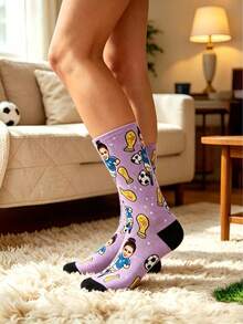 Custom Face Photo Over-The-Knee Socks, Personalized Fun Football Pattern Socks, Back To School Essential, Campus Accessory, Gift For Her - Mauve Purple - View 2