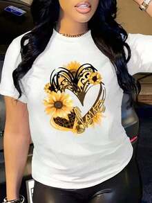 Faith Sunflower Print Summer T-Shirt, Versatile Short Sleeve Crew Neck Blouse For Women. 1 Sexy Casual Sweet Party Elegant Basic Off Shoulder Blouse Beach Night Out Vacation Office Home Garden Everyday Birthday Party Baby Shower Country Music Concert Stage & Summer Performance - 白色 1 - 查看 1