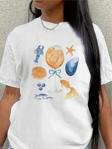 Essential Casual Short-Sleeved Polyester T-Shirt With A Seafood Design, Suitable For Casual Wear At Restaurants And At Home. Lightweight And Durable, Printed With Images Of Crabs, Clams, Fish, And Cocktail Glasses. Comfortable And Fitted For Everyday Activities. Soft Cotton Lining For Daily Wear. - 黑色 - 查看 7
