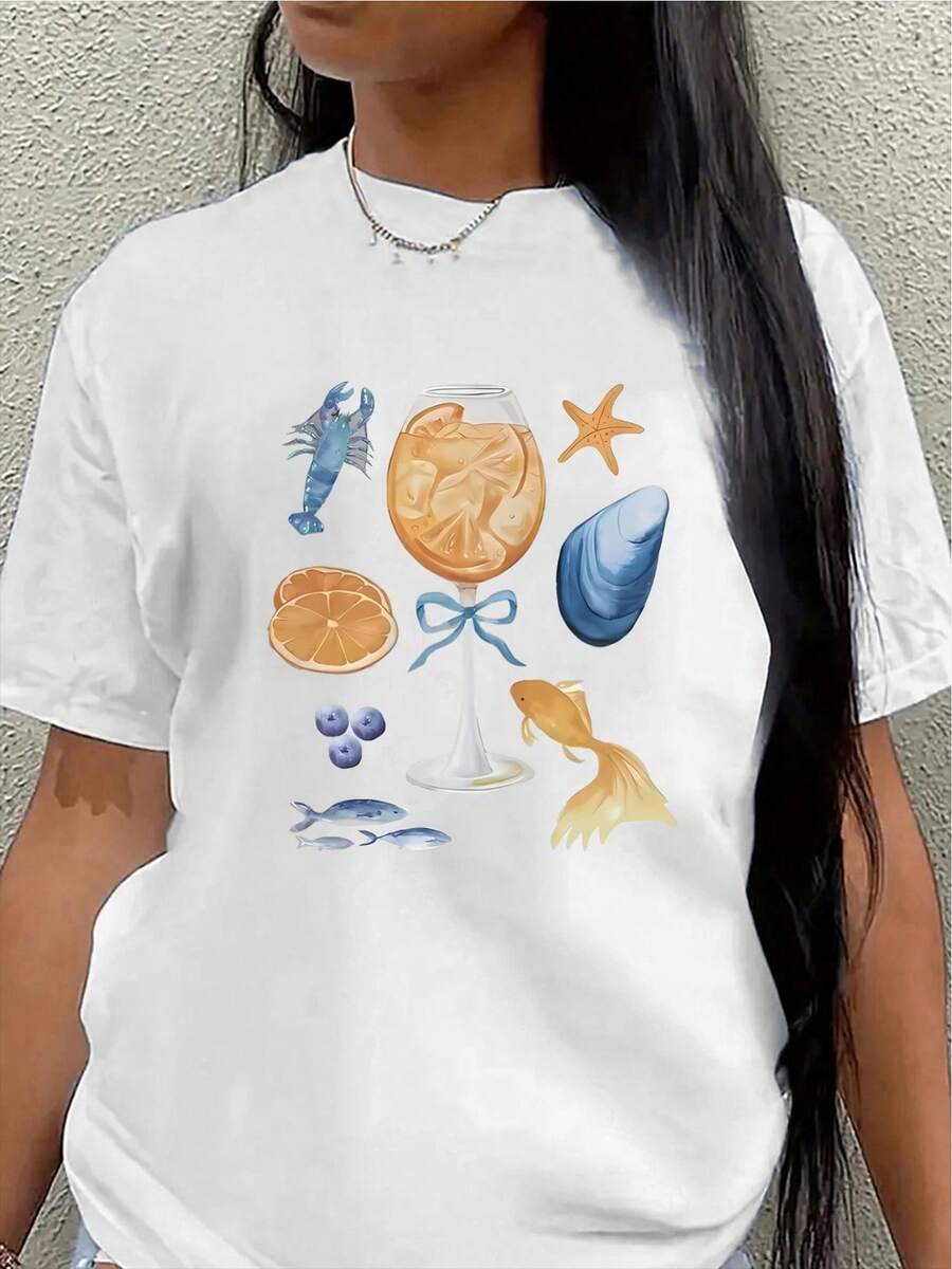 Essential Casual Short-Sleeved Polyester T-Shirt With A Seafood Design, Suitable For Casual Wear At Restaurants And At Home. Lightweight And Durable, Printed With Images Of Crabs, Clams, Fish, And Cocktail Glasses. Comfortable And Fitted For Everyday Activities. Soft Cotton Lining For Daily Wear. - 白色 - 查看 1