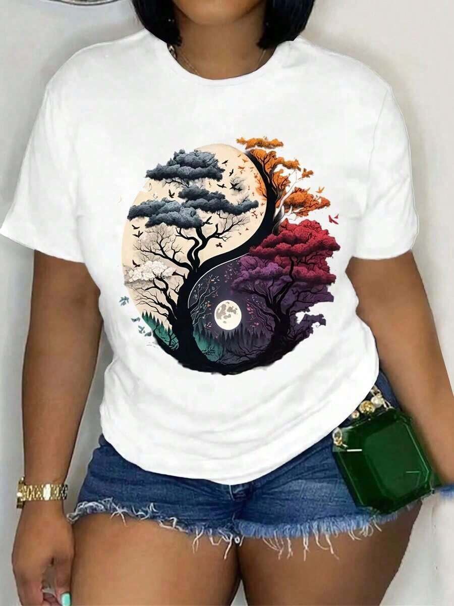Women's Casual Short Sleeve T-Shirt, Breathable And Comfortable - Geometric Yin-Yang Tree Print, Round Neck, Semi-Transparent H-Silhouette For All Seasons Use, Machine Washable And Versatile For All Women. - 白色 - 查看 1