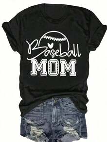Women's 2026 World Cup T-Shirt, Casual Style With "Baseball Mom" Graphic Design - Black Crew Neck T-Shirt With Baseball And Heart Design, For All Seasons, Casual Wear | Baseball Theme | Durable, Loose And Comfortable Fabric, Printed, Women's Clothing, Summer Blouses For Women. - 黑色 - 查看 7