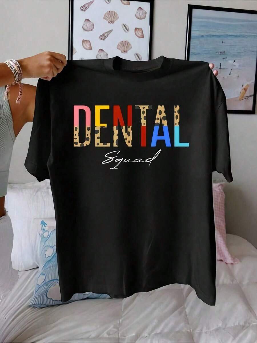100% Cotton T-Shirt For Dentists And Dental Assistants, Crew Neck, Printed, Short Sleeve, Casual For Everyday Wear, Excellent Gifts For Friends And Family, 100% Cotton T-Shirts, Youthful And Modern Design, Casual Blouses For Women - 黑色 - 查看 1