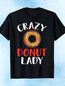 Women's Graphic T-Shirt With Crazy Donut Design, Short Sleeve, Round Neck, Printed, Casual For Everyday Wear, Excellent Gifts For Friends And Family, 100% Cotton T-Shirts, Youthful And Fashionable Design, Casual Blouses For Women - 黑色 - 查看 1