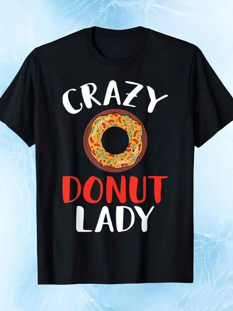 Women's Graphic T-Shirt With Crazy Donut Design, Short Sleeve, Round Neck, Printed, Casual For Everyday Wear, Excellent Gifts For Friends And Family, 100% Cotton T-Shirts, Youthful And Fashionable Design, Casual Blouses For Women - 黑色 - 查看 1