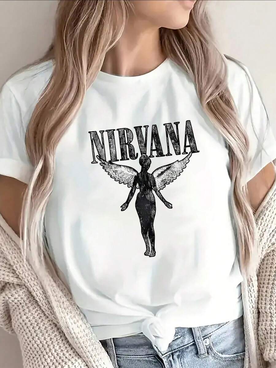 Lightweight And Durable Black Short-Sleeved T-Shirt With An Angel Graphic, Perfect For Casual Outings At Home, Cafes Or Outdoors, With A White Print On Black Material - 白色 - 查看 1