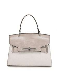 Bolsa grande de Pu com aba, em cores contrastantes e textura de lagarto, moderna e elegante, ideal para presentear esposa, mãe, irmã ou amigas. - Branco - Ver 5