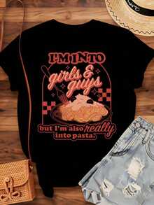 Women's Cotton T-Shirts, Funny Graphic Print T-Shirt For Food Lovers "I Like Girls And Boys, But I Also Love Pasta", For Women And Men, Casual Wear, Gift For Pasta Enthusiasts, Basic Women's Blouses. - 黑色 - 查看 3