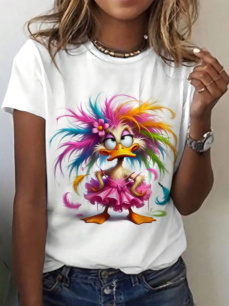 Short-Sleeved Shirt With Ballet Skirt And Colorful Duck Print, Fashionable Women's Top, Casual And Comfortable Round Neck T-Shirt For Women, Casual Sports Top For Women - 白色 - 查看 1