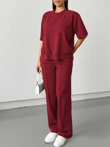 Damen lässig Einfarbiges 2 Stücke Set, modisches Outfit mit Kurzarmoberteil und Hose, geeignet für Lehrer, Büro, Zuhause, Straße, Frühling/Sommer, Abschluss, Schulanfang, Ins-Stil, neue elegante Frühlings-/Sommerkollektion - Bordeaux - Übersicht 2