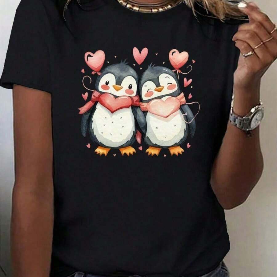 Camiseta de Cuello Redondo con Estampado de Pareja de Pingüinos y Corazón, Diseño Simple y Versátil, Camiseta Casual de Manga Corta para Verano, Ropa Casual de Mujer, Camiseta de Algodón - Negro - Ver 1