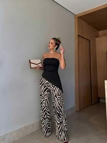 Atasan Rajut Tanpa Tali dengan Hem Asimetris dan Celana Panjang Longgar Motif Garis Zebra dengan Kantong dan Tali Dekoratif, Koleksi Musim Semi/Panas Wanita 2026, Ke-4 dari Koleksi Elegan - Hitam - View 3