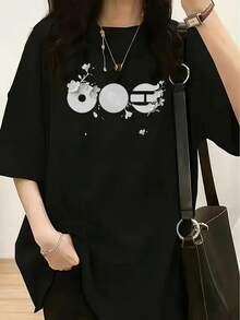 Soft Three-Tone White T-Shirt With White Floral Print - Casual Short-Sleeved Round Neck Top For Women, Soft And Loose Fit, A Must-Have For Spring/Summer Fashion, Elegant Blouses For Women. - 黑色 - 查看 1