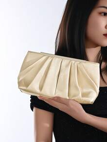 女款百褶緞面晚宴手拿包，優雅金屬框架手拿包，適合婚禮、舞會、雞尾酒會及正式場合 - 香檳色 - 查看 7