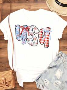Women's Patriotic T-Shirt With US Flag, Red And Blue Floral Pattern, Fourth Of July Celebration, Independence Day, Casual Summer T-Shirt, 220g - Urban Vintage Style, Unisex, Loose Fit, Cotton, Short Sleeve, Crew Neck, 100% Pure Cotton - 白色 - 查看 4