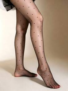 1 par de medias transparentes negras de talla grande con estampado de lunares jacquard negro, elegantes y sexys con un tono vintage para uso diario - Lunares negros - Ver 3