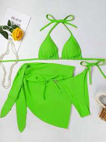 New And Sexy Three-Piece Swimsuit, Plus Size Bikini For Beach And Hot Spring Resort. - 草綠色 - 查看 1
