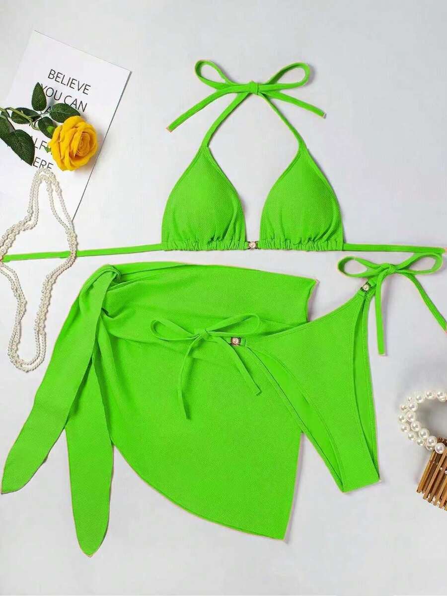 New And Sexy Three-Piece Swimsuit, Plus Size Bikini For Beach And Hot Spring Resort. - 草綠色 - 查看 1