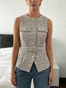 Women's Sleeveless Bolero Jacket, Tweed Fabric With Pearl Buttons, Front Closure And Matching Belt, Round Neckline, Elegant Design With A Fitted Effect, Neutral Colors, Textured Material, Sophisticated Style Ideal For Office Looks And Formal Spring Events. - 千鳥格 - 查看 2