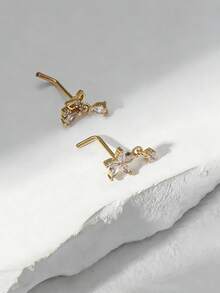 Bộ 2 chiếc khuyên mũi bằng hợp kim đồng đính đá lấp lánh, thời trang, hình trái tim, thánh giá, hoa, số 7, chất liệu thép không gỉ, thích hợp cho nữ giới đeo hàng ngày, làm quà tặng sinh nhật, Giáng sinh, Ngày Valentine. - Vàng - Xem 2
