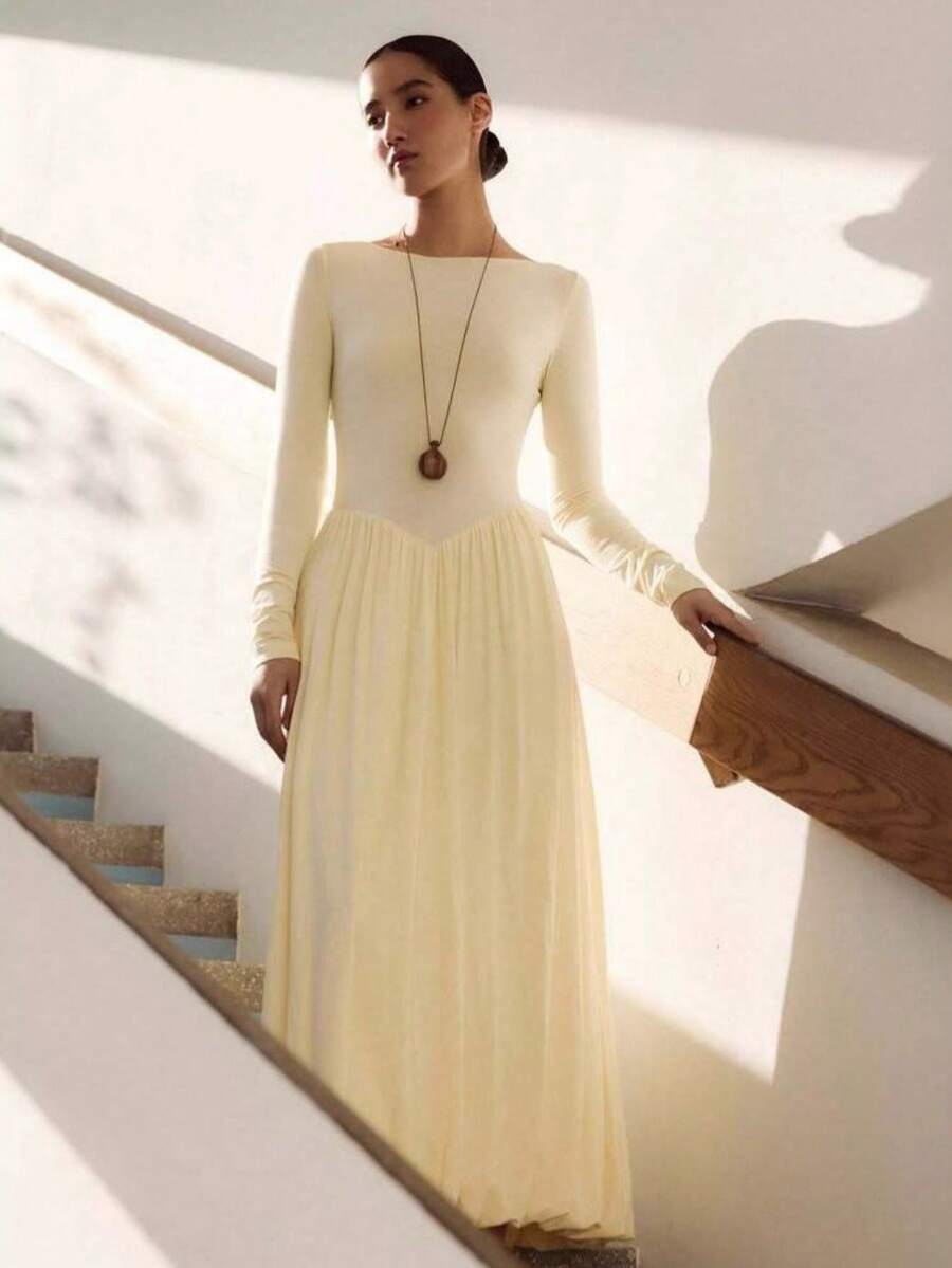Long Knit Dress With Round Neck, 2026, Elegant Style, Fitted Cut With Petal Design - Light Yellow - View 1