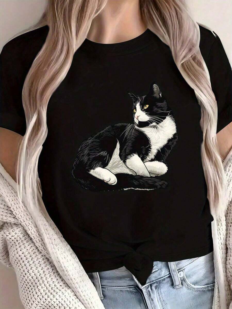 Gift: 1 Piece Of Comfortable Women's Shirt, Made Of Soft 100% Cotton Fabric, With A Detailed Illustration Of A White Cat. - 黑色 - 查看 1